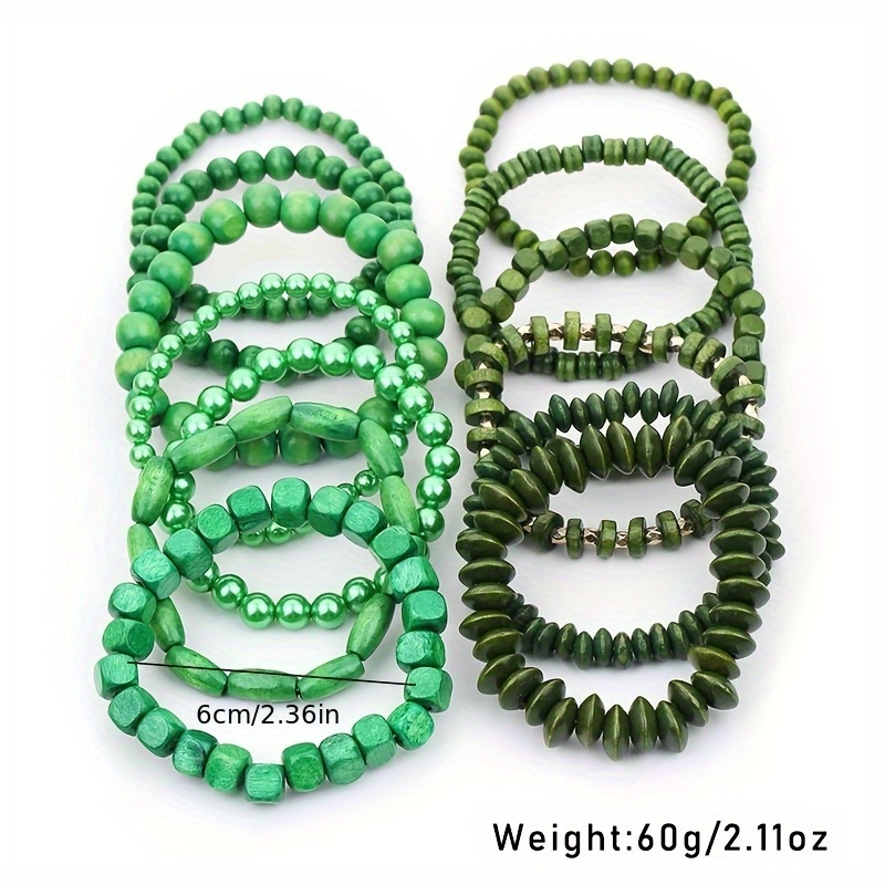 13pcs Green Wood Bead Bracelet Set for Natural Style